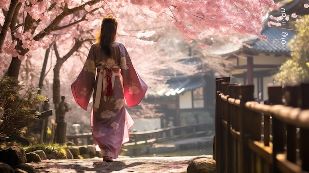 Une femme asiatique en kimono dans un beau jardin de cerisiers en fleurs