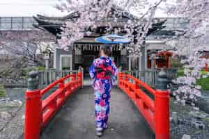 Photo gratuite femme asiatique portant kimono traditionnel japonais et fleur de cerisier au printemps, temple de kyoto au japon.