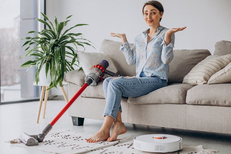 Photo gratuit femme assise sur un canapé et choisissant un aspirateur