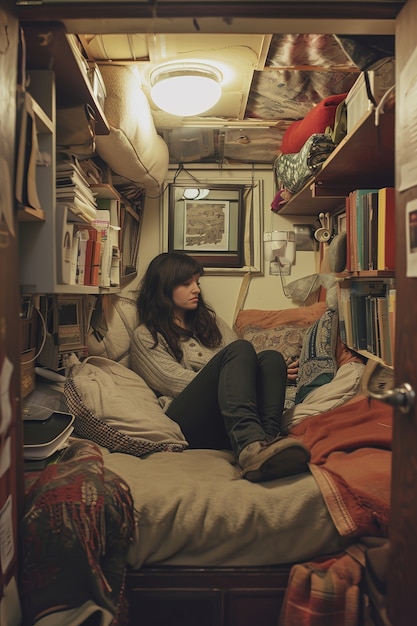 Une femme assise sur sa petite chambre.