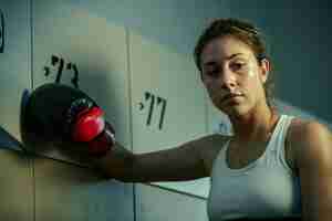 Photo gratuite femme athlétique en sueur pensant à quelque chose dans le vestiaire de la salle de sport après l'entraînement de boxe