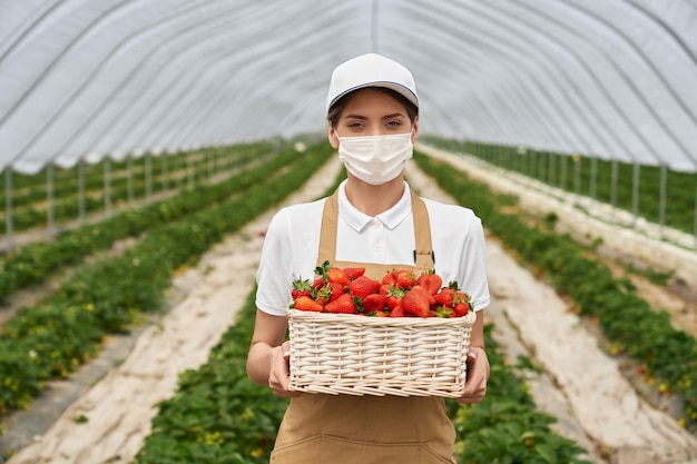 Femme au masque debout à effet de serre avec des fraises