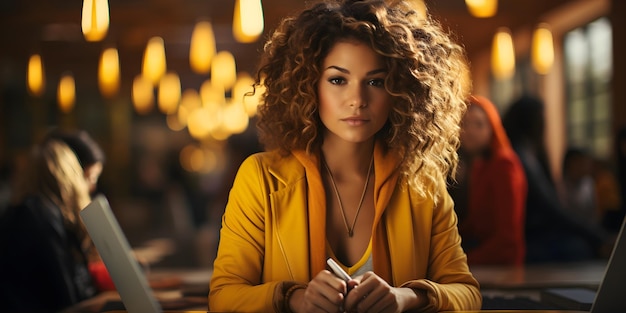 Photo gratuite une femme aux cheveux bouclés portant une tenue de bureau moderne jaune