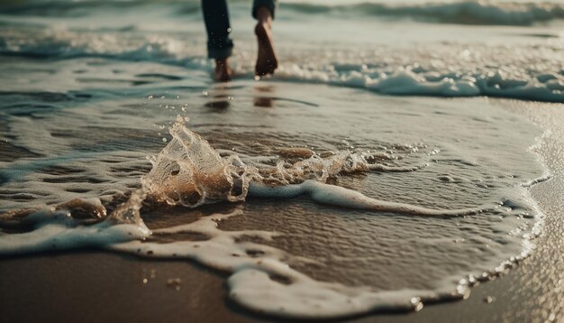 Une femme aux pieds nus marche au bord de l'eau au coucher du soleil générée par l'IA