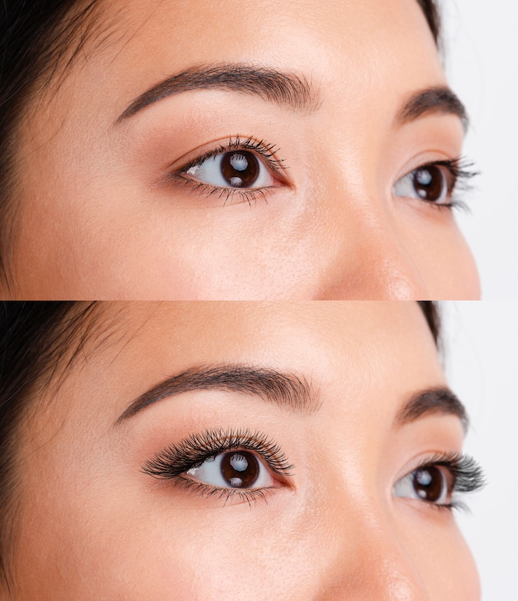 Photo gratuit femme avant et après extensions de cils