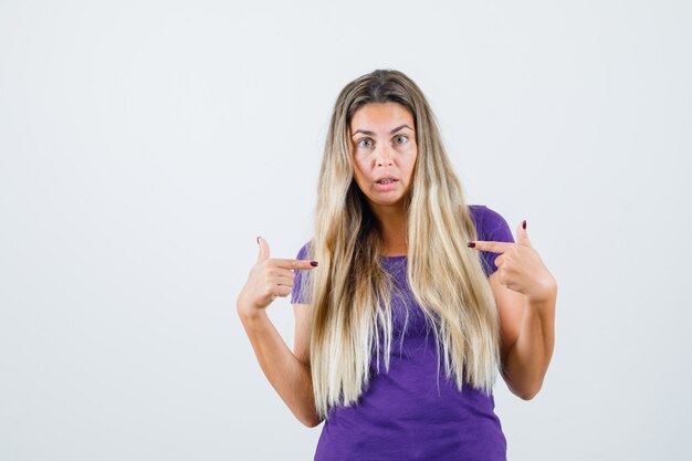 femme blonde pointant sur elle-même en t-shirt violet et à la confusion, vue de face.