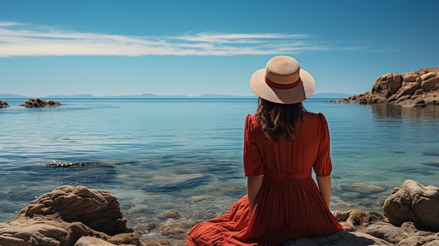Une femme avec un chapeau rouge sur une plage ensoleillée