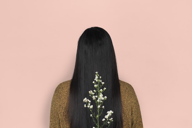 femme, cheveux longs, vue postérieure, fleur, portrait, concept