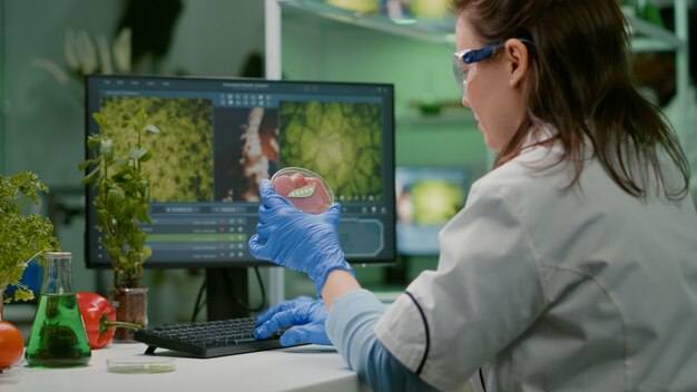 Femme chimiste analysant la viande de boeuf végétalienne pour une expérience de biochimie
