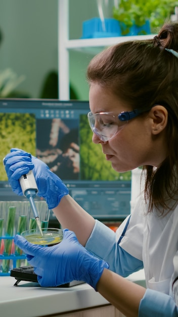 Femme chimiste prenant de l'adn liquide dans un tube à essai avec une micropipette mise dans une boîte de Pétri analysant la mutation génétique
