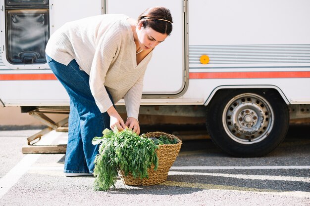 Femme, choisir, légumes, panier