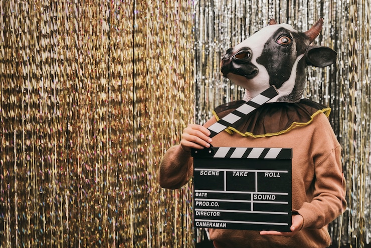 Photo gratuit femme en costume de vache avec ardoise de film