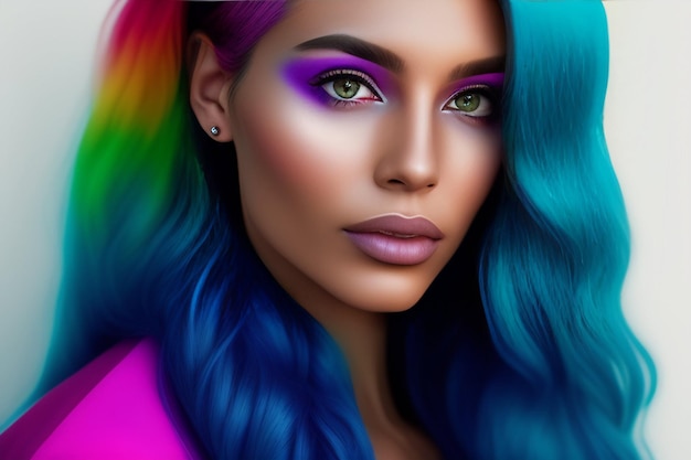 Photo gratuite une femme avec une couleur de cheveux arc-en-ciel sur son visage