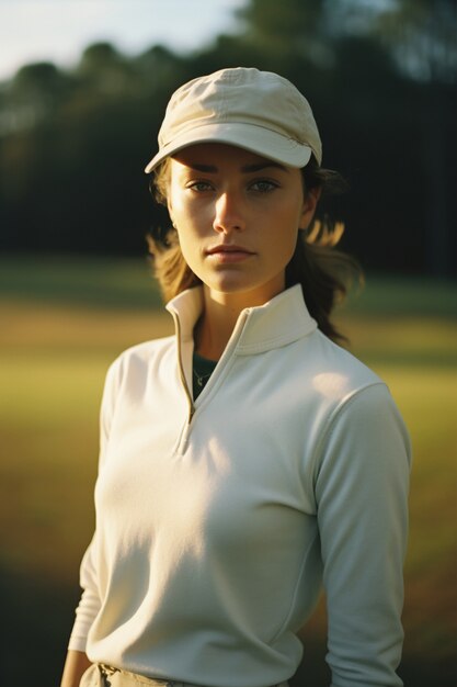 Femme coup moyen jouant au golf