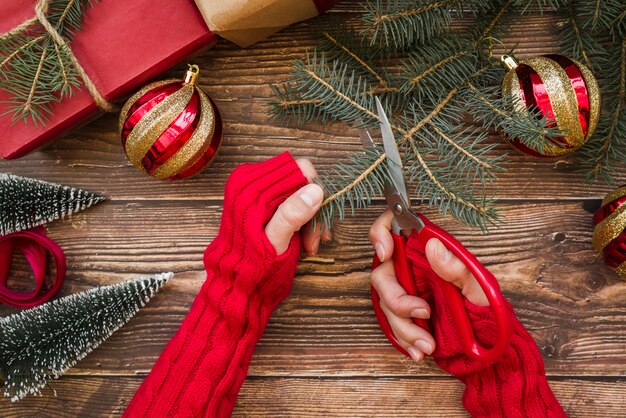 Femme, couper, branche sapin