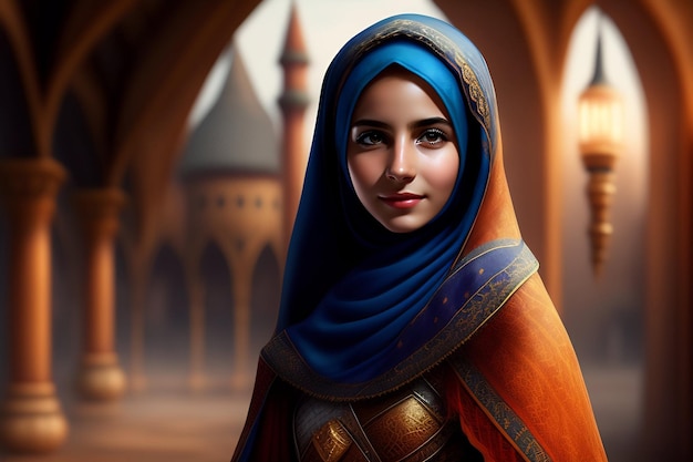 Une femme dans un hijab bleu avec une écharpe rouge