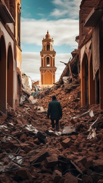 Femme sur des débris dans la ville de Marrakech après le tremblement de terre