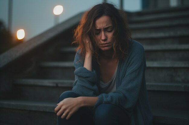 Une femme déprimée regardant vers le bas.