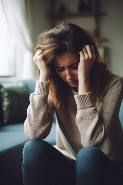 Une femme déprimée regardant vers le bas.