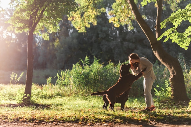 Femme et deux chiens jouant dans le parc