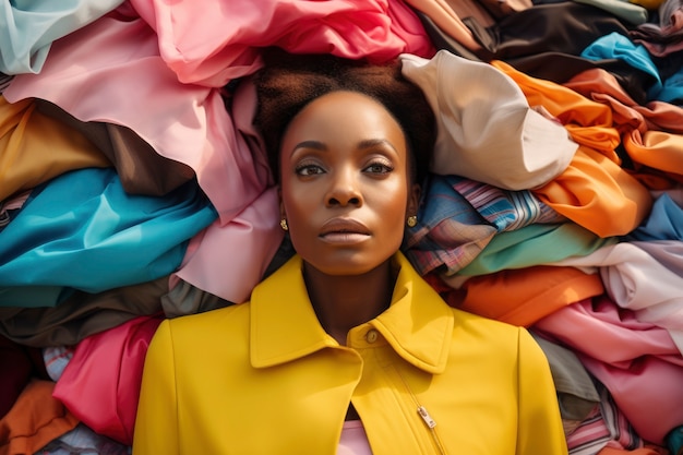 Femme devant une pile de marchandises de mode rapide