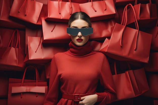 Femme devant une pile de marchandises de mode rapide