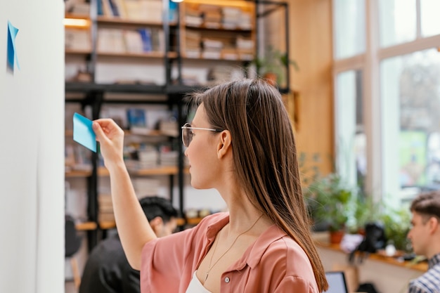 Femme écrivant une idée d'entreprise