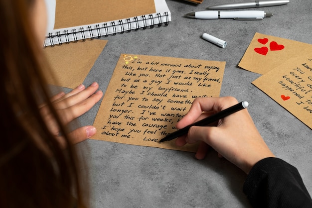 Photo gratuite une femme écrivant une lettre d'amour romantique à quelqu'un