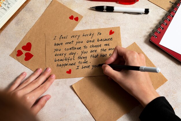 Une femme écrivant une lettre d'amour romantique à quelqu'un