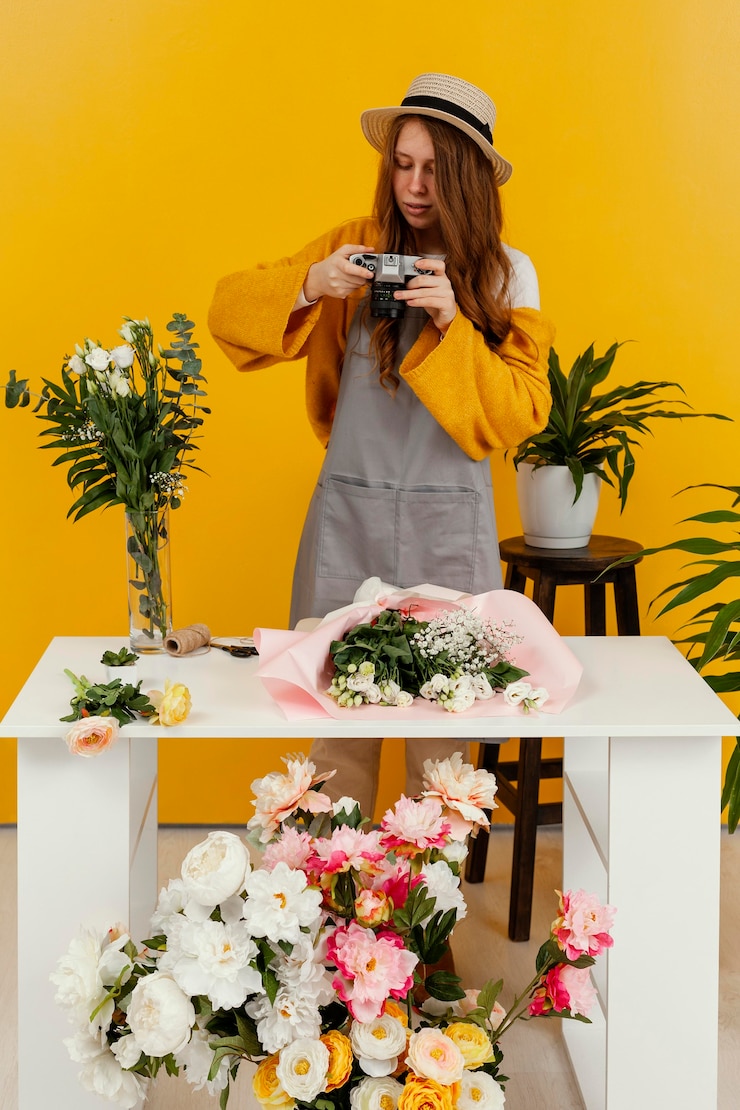 Photo gratuit femme élégante faisant un arrangement de fleurs