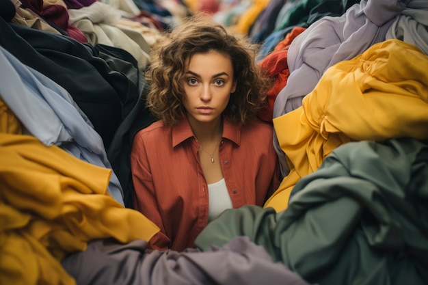 Femme entourée d'une pile de vêtements