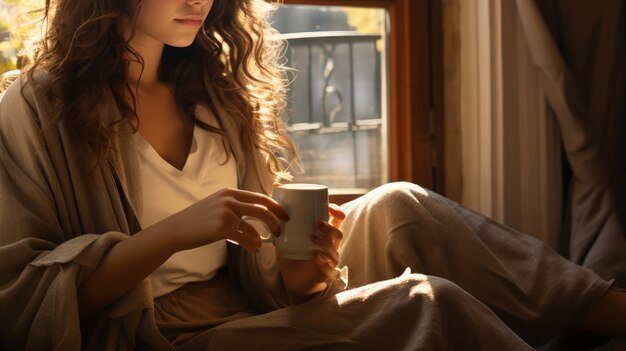 Une femme est assise sur un rebord de fenêtre tenant une tasse de café et des livres.