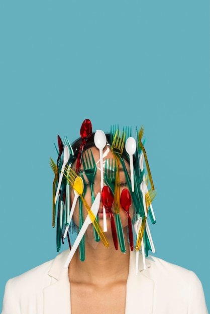 Femme étant couverte de vaisselle en plastique coloré