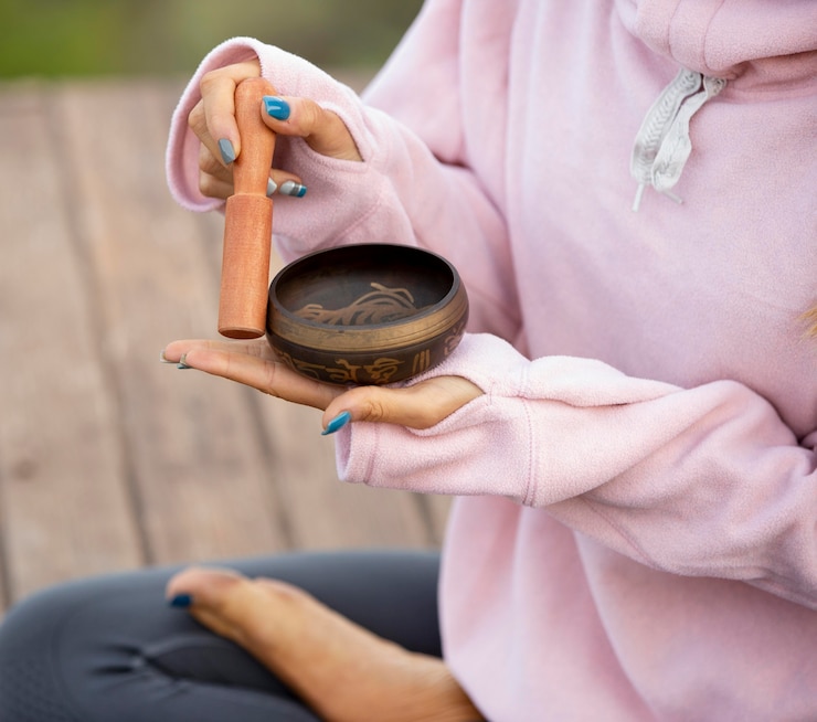 Photo gratuit femme à l'extérieur tenant un bol chantant