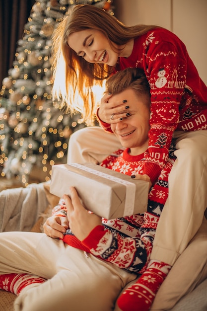 Femme faisant un cadeau de Noël à son petit ami