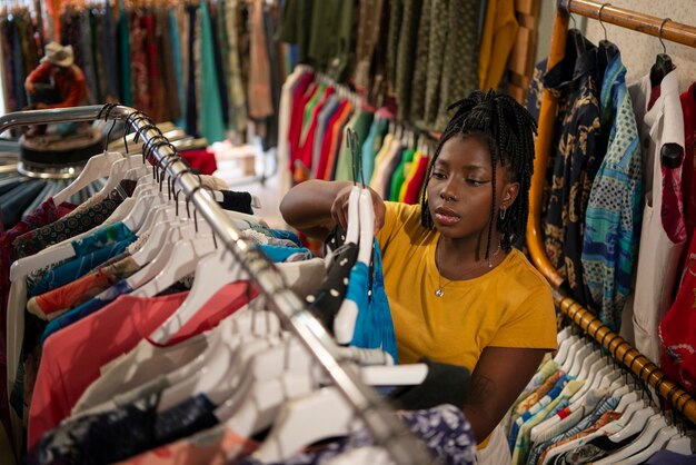 Femme faisant du shopping dans une friperie