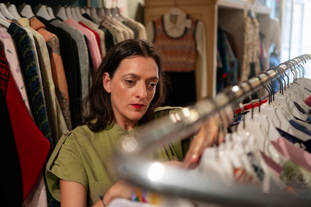 Femme faisant du shopping dans une friperie