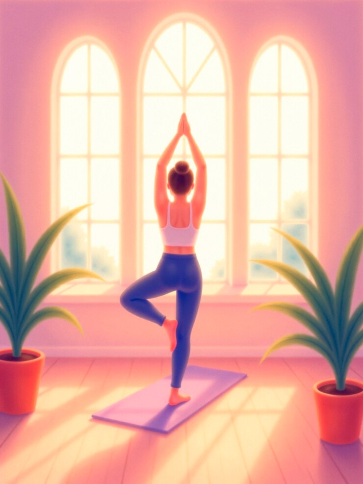 Photo gratuit une femme faisant du yoga dans une pièce ensoleillée.