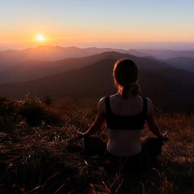 Femme faisant de la méditation sur la nature à l'aube