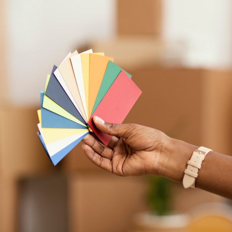 Photo gratuit femme faisant des plans pour rénover la maison à l'aide de la palette de couleurs