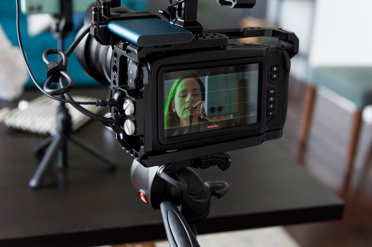Photo gratuit femme faisant un vlog de beauté avec son appareil photo professionnel