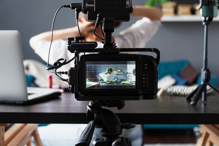 Photo gratuit une femme fait un vlog de beauté avec sa caméra professionnelle