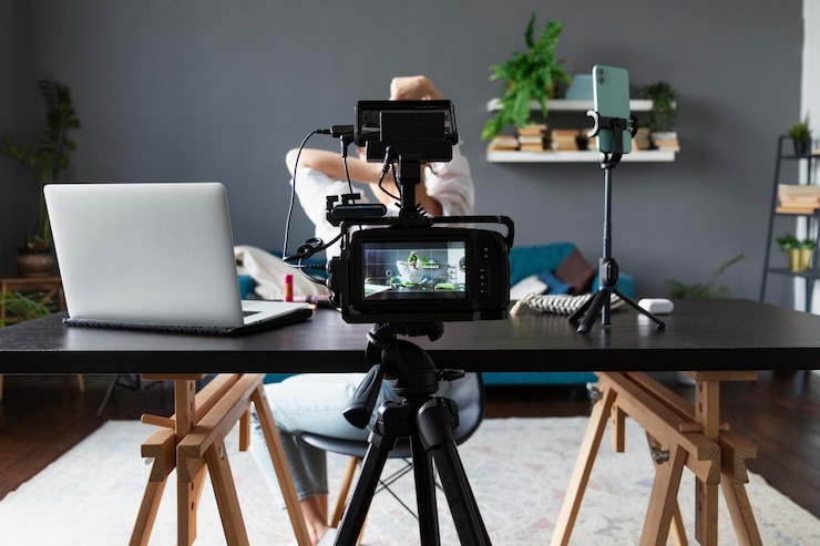 Photo gratuit une femme fait un vlog de beauté avec sa caméra professionnelle