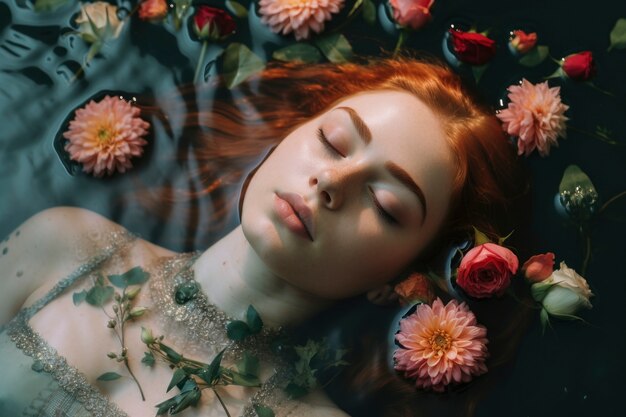 Une femme en haut angle posant avec des fleurs