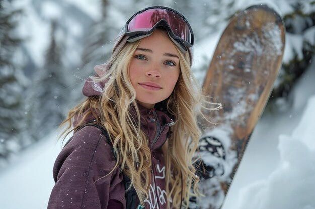 Une femme heureuse en train de faire du snowboard.
