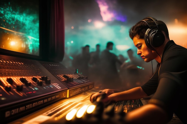 Une femme joue de la musique dans un club avec un équipement de DJ.