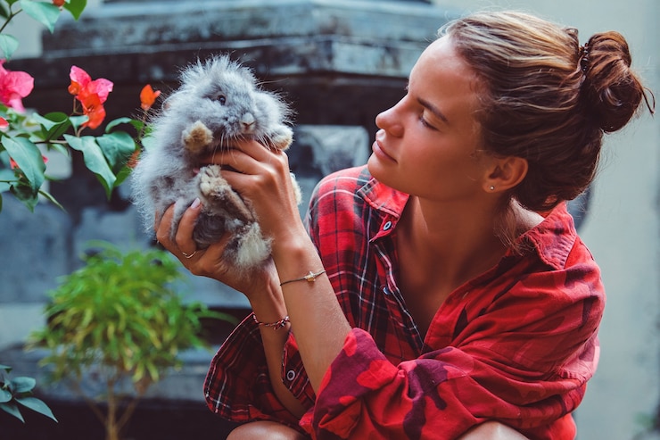 Photo gratuit la femme joue avec un petit lapin.