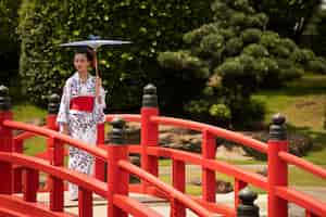 Photo gratuite femme avec kimono et parapluie wagasa