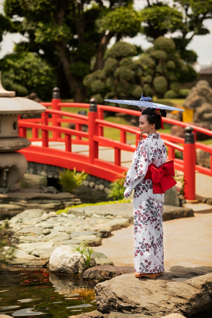 Photo gratuit une femme avec un kimono et un parapluie wagasa