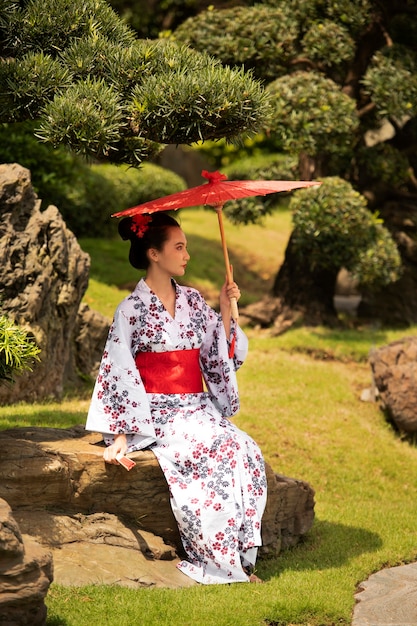 Femme avec kimono et parapluie wagasa